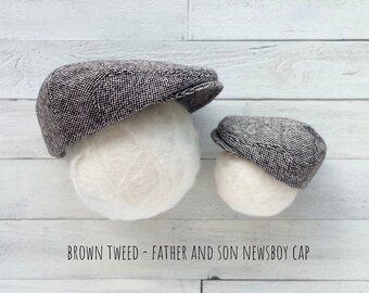 Matching Brown Tweed Father and Son Caps, Wool Blend Newsboy, Gatsby Hats