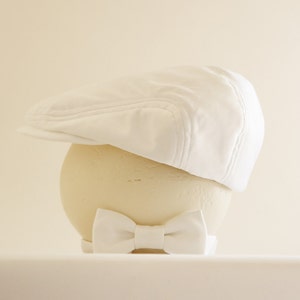 White satin Christening hat and bow tie set, baby boy photo prop newsboy hat, Baptism hat - made to order