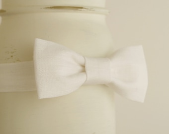 White Linen Baby Bow Tie, Christening Outfit, Photo Prop