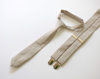 Khaki Linen Baby Suspender and Necktie Set, Made to Order