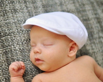 Baby Christening Hat - White Satin Newsboy Cap, Baptism Outfit