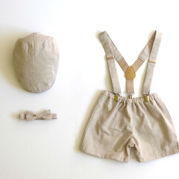 Khaki Linen Toddler Outfit Set, Ring Bearer Outfit, Hat, Shorts, Suspenders
