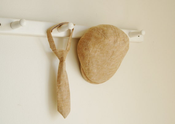 Country Wedding Ring Bearer Hat Tan Linen Flat Cap And Tie Etsy