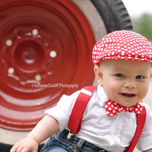 Cake smash outfit, First Birthday boys outfit, red polka dot bow tie and hat set, boys 1st Birthday outfit - made to order