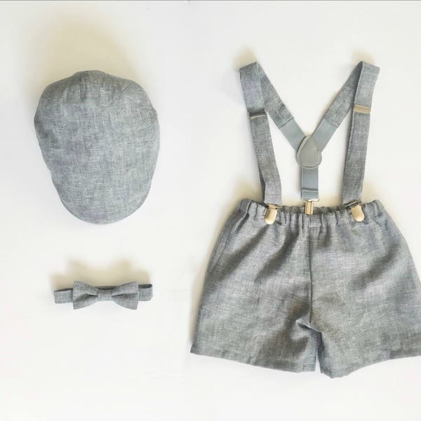 Toddler Ring Bearer Outfit - Baby Boy Wedding Outfit - Gray Linen Newsboy Outfit Set - made to order