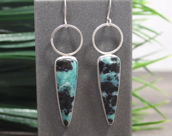 Opalized Wood Earrings, Dangle Style, Cerulean Blue And Black Colors, Fine Silver, Genuine Fossilized Stone, Modern Design