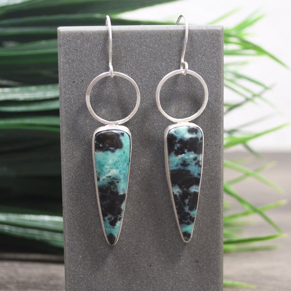 Opalized Wood Earrings, Dangle Style, Cerulean Blue And Black Colors, Fine Silver, Genuine Fossilized Stone, Modern Design