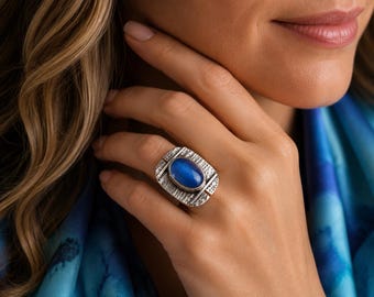 Bague quartz oeil de chat bleu électrique, argent sterling, taille 8,5