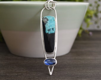 Journey's End Pendant, Opalized Wood And Kyanite Gemstone Pendant, Modern Design, Sterling Silver, One Of A Kind Design, Statement Jewelry