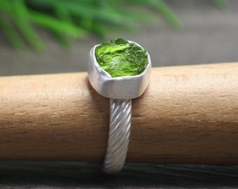 Rough Peridot Ring:  Size 9, Sterling Silver Statement Ring