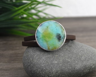 Bracelet, Opalized Wood Stone, Italian Leather, Sterling Silver, Leather Strap Bracelet, Handmade Jewelry