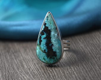 Ring van geopaald hout, maat 5, langwerpige peervormige steen, sterlingzilver, handgemaakte ambachtelijke ring