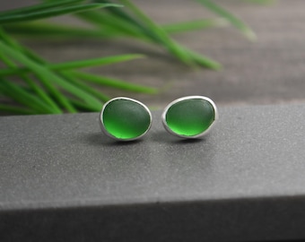 Emerald Green Sea Glass Post Back Earrings: Fine Silver, English Beach Pebbles