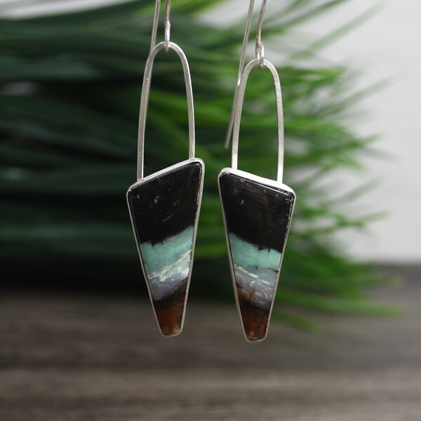 Opalized Wood Earrings, Dangle Style, Fine Silver, Fossil Wood Stone