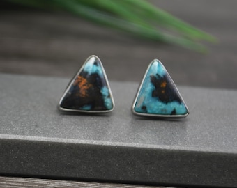 Opalized Wood Stud Earrings, Post Back Design, Fine Silver, Triangular Shaped Earrings