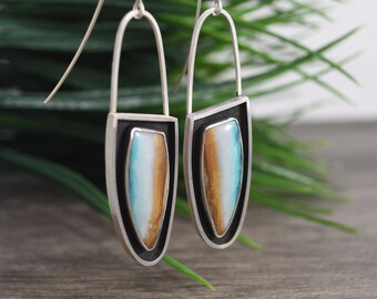 Opalized Wood Earrings, Dangle Style, Fine Silver, Genuine Fossilized Stone, Modern Design, One Of A Kind Design