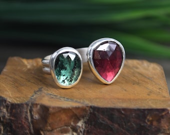 Bague grenat et cyanite, taille 9, argent sterling, bague double pierre, réglable