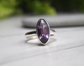 Amethyst Ring, Size 7.5, Marquis Shaped Stone, Natural Amethyst Gemstone, Sterling Silver Ring