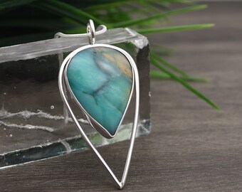 Opalized Wood Pendant, Pear Shaped Stone, Sterling Silver, Modern Sleek Design, Artisan Pendant