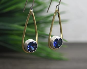 Sapphire Earrings, Cornflower Blue Color, Lab Created Gemstones, Fine Silver With Brass, Dangle Style