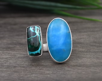 Bague en argent sterling hémimorphite malachite - Bijoux artisanaux contemporains, taille 8,5