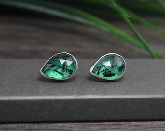 Rutilated Quartz And Green Onyx Stud Earrings, Fine Silver, Post Back Earrings, Pear Shaped