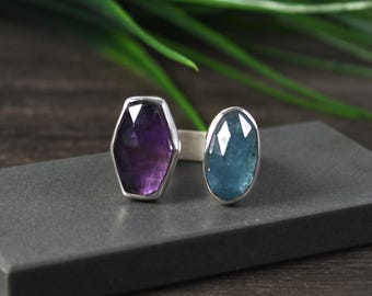 Ring amethist en kyaniet, maat 10, sterlingzilver, dubbele stenen ring, verstelbaar