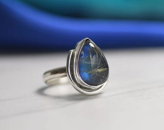 Bague quartz labradorite rutile : bague tendance en argent sterling, taille 9