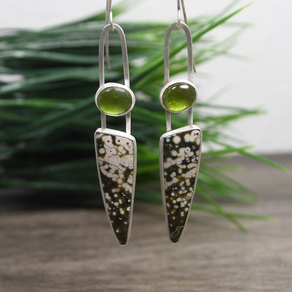 River Jasper Earrings, Peridot Gemstones, Modern Design, Dangle Style, Sterling Silver, Contemporary Statement Earrings