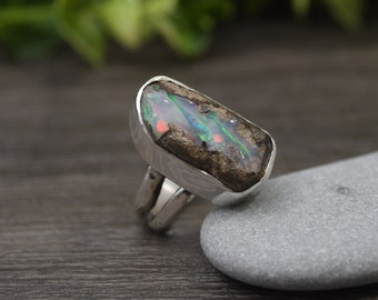 Ethiopian Opal Ring, Size 8.5, Rough Gemstone Ring, Sterling Silver, One Of A Kind, Statement Ring