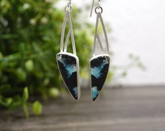 Opalized Wood Earrings, Dangle Style, Cerulean Blue And Black Colors, Fine Silver, Genuine Fossilized Stone, Modern Design