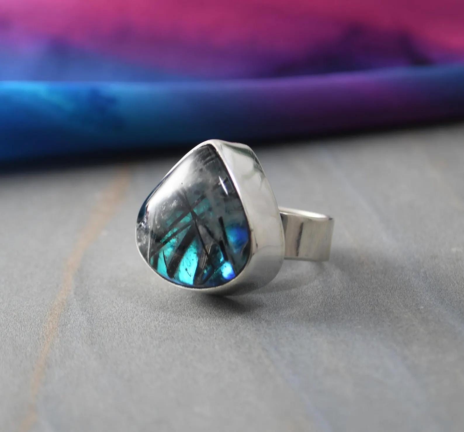 Statementring toermalaatkwarts: gesmolten glas, sterlingzilver, maat 6,5