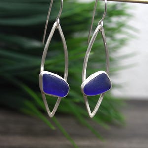 Sea Glass Earrings, Dangle Style, Cobalt Blue Color, English Sea Glass, Modern Themed,  Sterling Silver