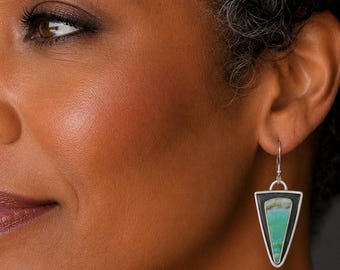 Opalized Wood Earrings: Fine Silver Fossil Stone Dangles, Triangular Shaped Earrings