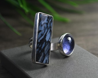 Fossil Palm Wood And Iolite Ring, Size 8, Adjustable, Sterling Silver Double Stone Ring