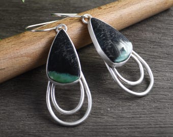 Deep Forest Earrings:  Opalized Wood, Sterling Silver, Dangle Style