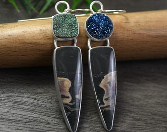 Polychrome Jasper Earrings With Titanium Druzy Stones, Dangle Style Statement Earrings, Sterling Silver