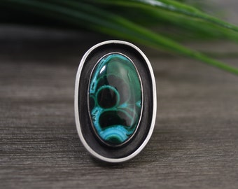 Malachite Ring, Size 7.5, Contemporary Statement Ring, Sterling Silver, Modern Artisan Ring