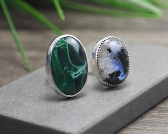 Moonstone And Malachite Ring,Size 9, Sterling Silver, Double Stone Ring, Adjustable