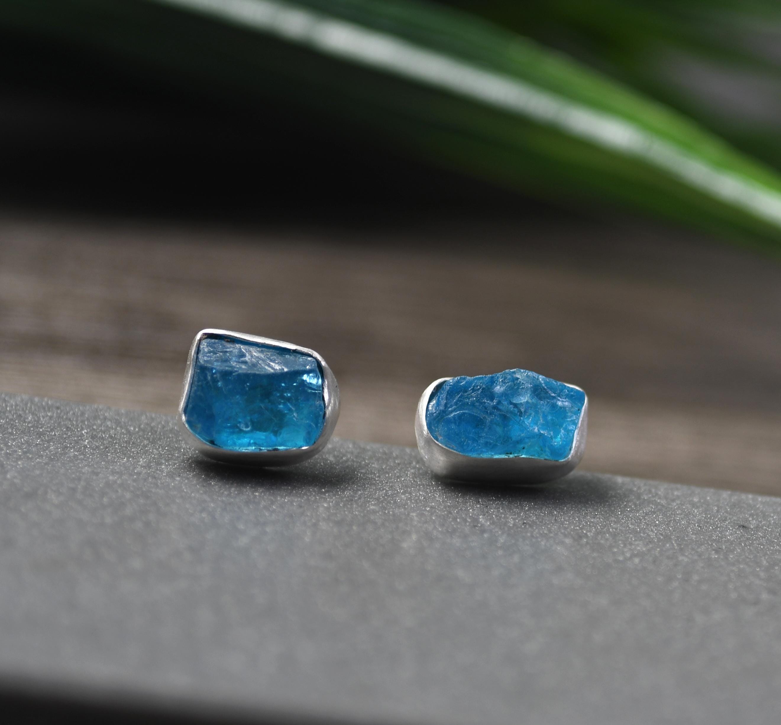 Rough Apatite Studs, Neon Blue Color, Natural Rough Gemstones, Fine Silver, Stud Earrings