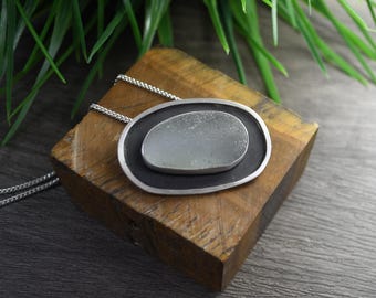 Smokey Gray Sea Glass Pendant: Geometric Sterling Silver, English Beach Glass