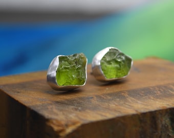 Rough Peridot Stud Earrings, Apple Green Color, Sterling Silver, Natural Gemstones