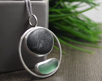 English Sea Glass Pendant: Beach Stone, Sterling Silver, Modern Design