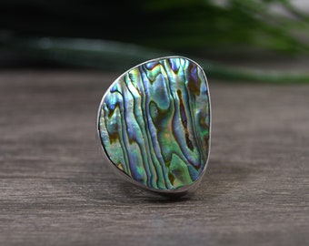 Abalone Shell Ring, Size 8.5, Sterling Silver, Shimmering Colors, Handmade Artisan Statement Ring