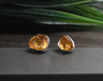Boucles d'oreilles en citrine brute, pierres précieuses naturelles orange doré, clous en argent fin