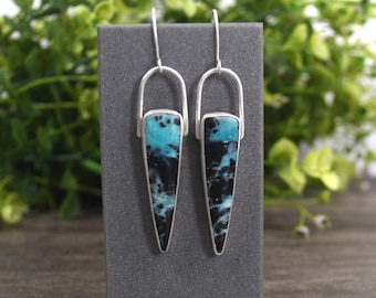 Opalized Wood Earrings, Dangle Style, Cerulean Blue And Black Colors, Fine Silver, Genuine Fossilized Stone, Modern Design