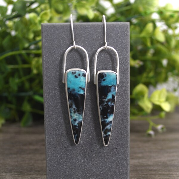 Opalized Wood Dangle Earrings: Cerulean Blue Fossil Stone, Fine Silver