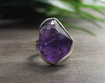 Rough Amethyst Ring, Size 10, Large Uncut Stone, Sterling Silver, Deep Purple Color, Large Statement Ring, Rough Gemstone Ring