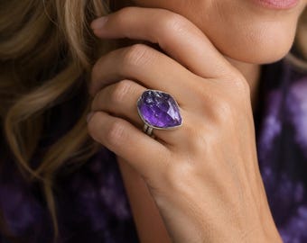 Bague améthyste brute : taille 10, bague tendance en argent sterling