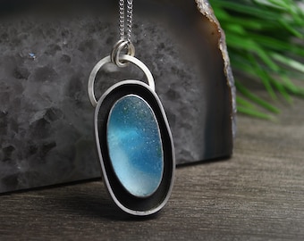 Japanese Sea Glass Pendant:  Blue Fade Colors, Sterling Silver, Oval Shaped  Design